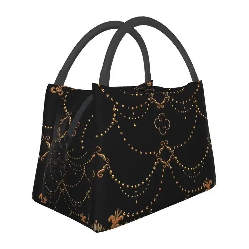 Luxury Golden Europe Floral Insulated Lunch Bag for Work Office Leakproof Thermal Cooler Lunch Box Women