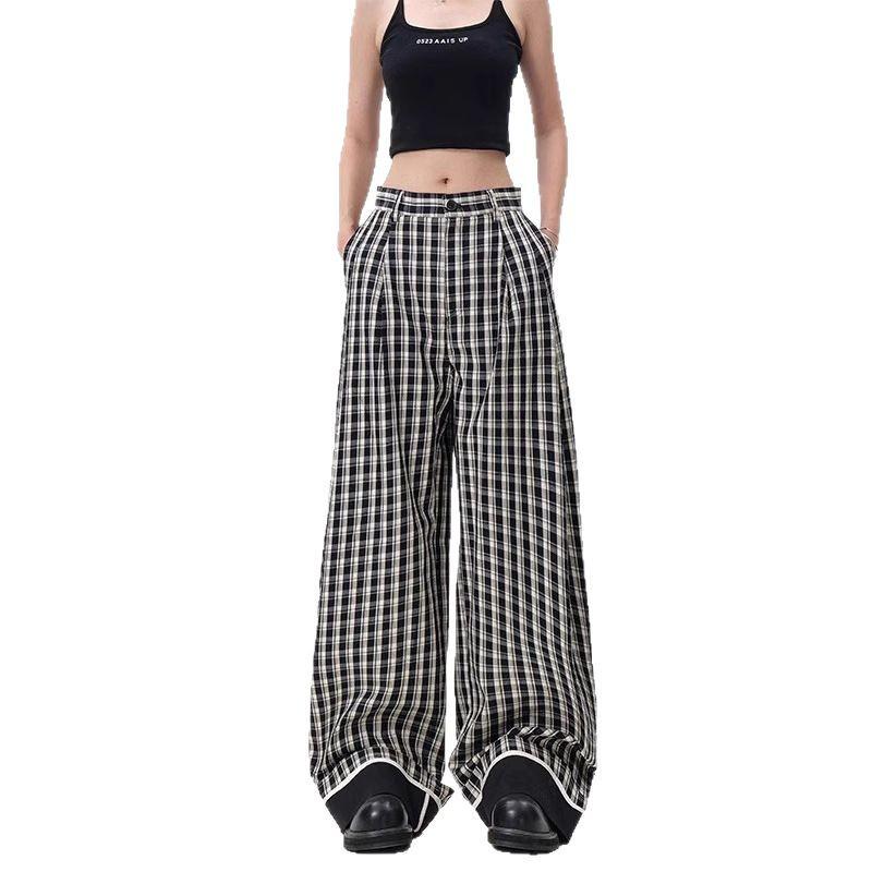 Retro British Style Plaid Striped High-Waist Wide-Leg Trousers