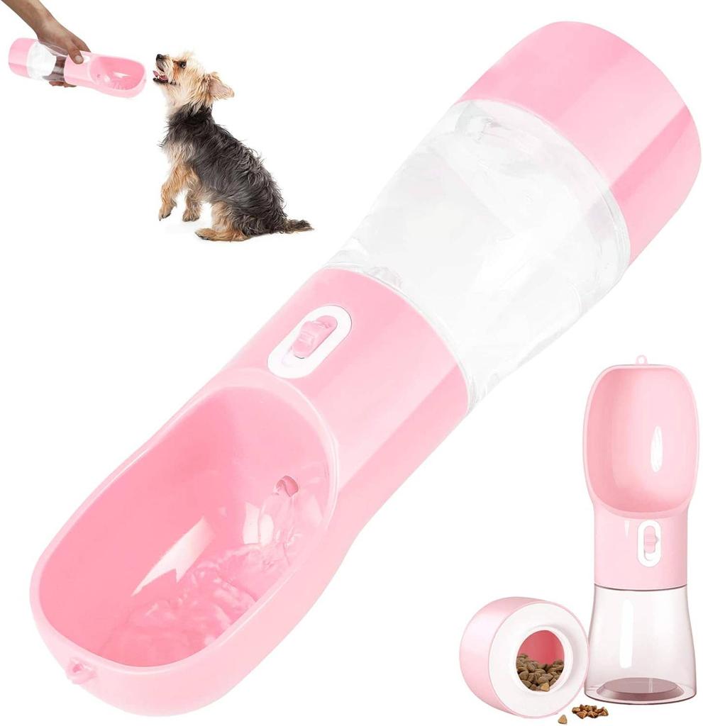 Protable Dog Cat Water Bottle For Walking/Hiking/Travel, Pets Outdoor Drinking & Feeding Dispenser (Pink)