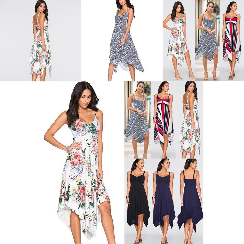 Fashion Summer Womens Sleeveless Vneck Dress With Irregular Printing And Strap Details