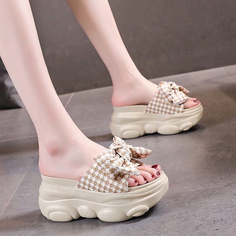 CINESSD Summer Platform Slippers Women Blue Pleated Riband Discolor Ladies Chunky Sole Beach Cool Wedges Slides Shoes Woman