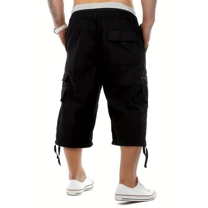 Summer Men's Black Cargo Capri Pants Multi-Pocket Elastic Waist Casual Knee-Length Shorts