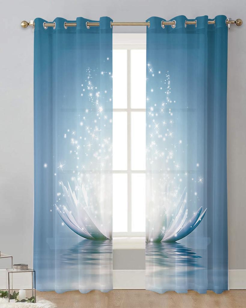 Flower Abstract Blue Lotus Sheer Curtains for Living Room Decoration Window Curtains for Kitchen Tulle Voile Organza Curtains