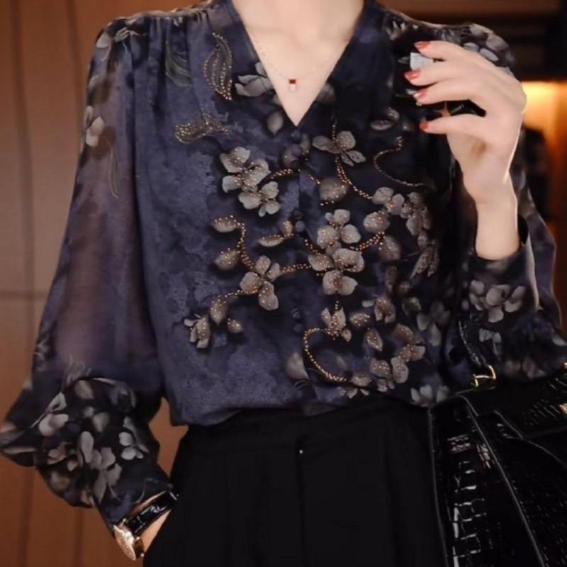 Herbst Westlicher Stil Leichter Luxus Design Altersmildernder V-Ausschnitt Langarmhemd für Damen 2025 Neues Lässiges Vielseitiges Schlankmachendes Oberteil