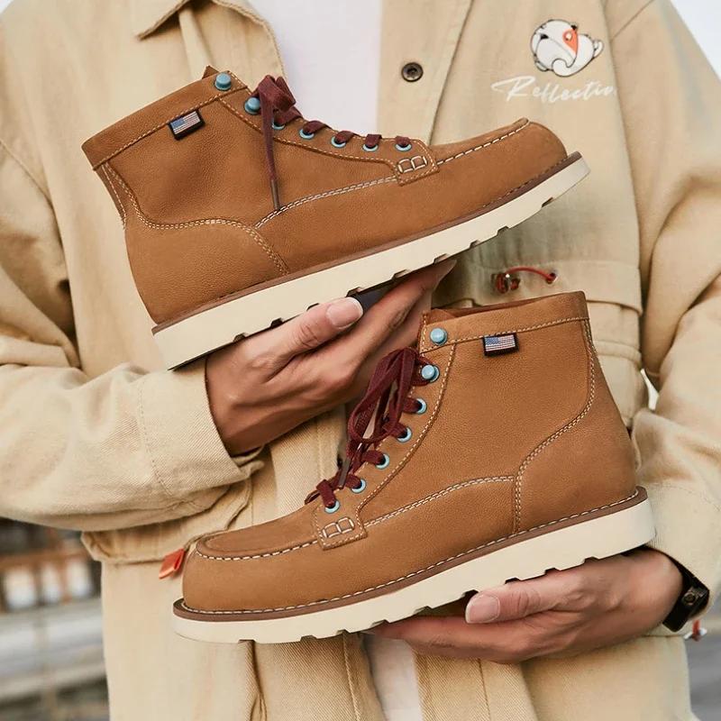Fashion Large Yellow Ankle Boots For Men's Lace Up Anti Slip Work Clothes Boots Genuine Leather Warm Shoes Combat Boots 2024 Retro Style