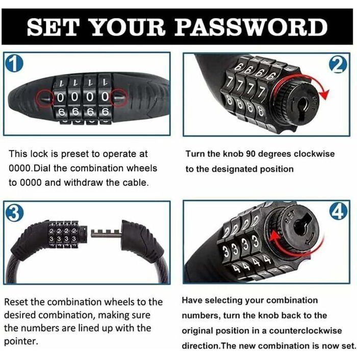 Bike Lock - JEWEL BOX - 15mm X 600mm - 4-Digit Code - Steel - Black