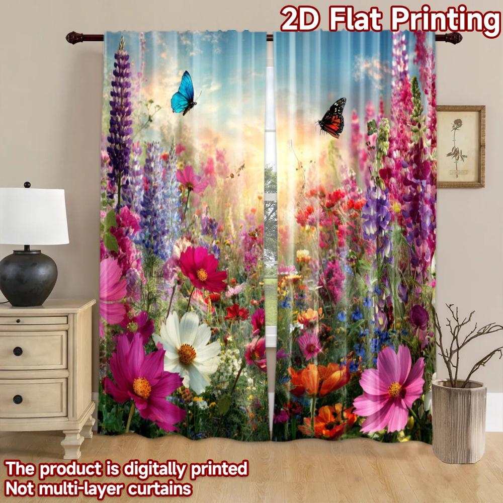 2D Flat Printing 2pcs Scene Curtains Butterflies Wildflowers Field Scenery Digital Printed Polyester Drapes Holiday Decorations