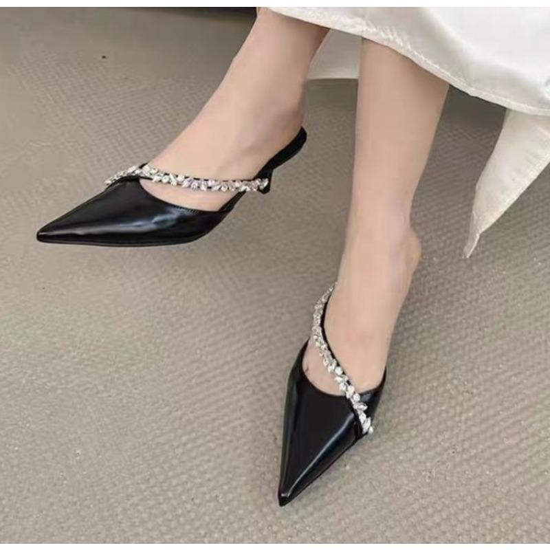 Fashion Summer Women's Fashion Crystal Mules Slippers Elegant Cover Toe Dress Slides Ladies Dancing Party High Heels Shoes Zapatos Mujer
