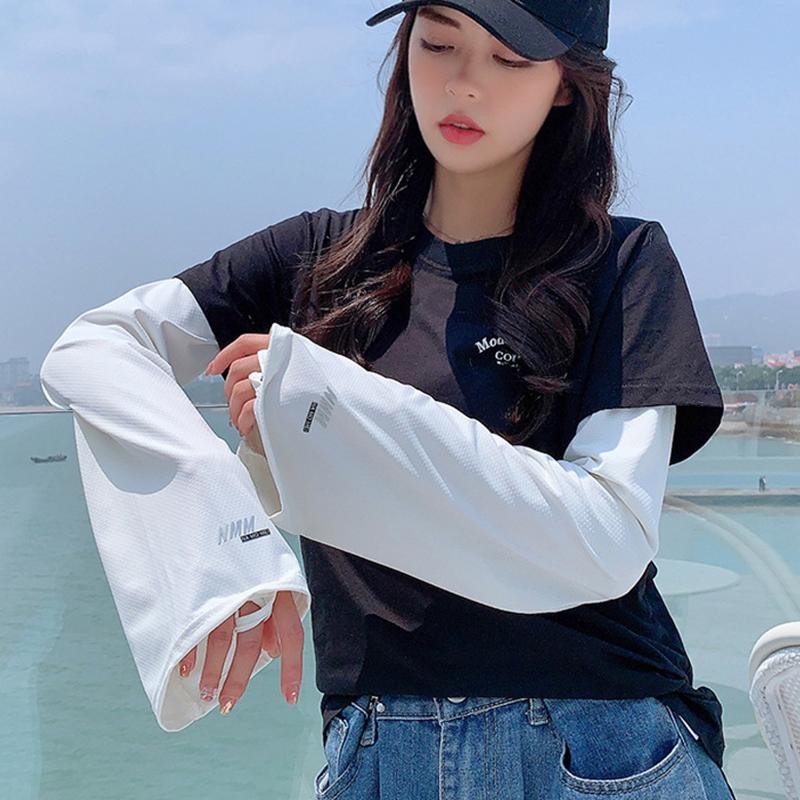 1 Pairs Summer Arm Cover Cool Ice Silk Sports Solid Color Loose Sun Protection Arm Sleeves Half Finger Gloves Arm Guard Cuff