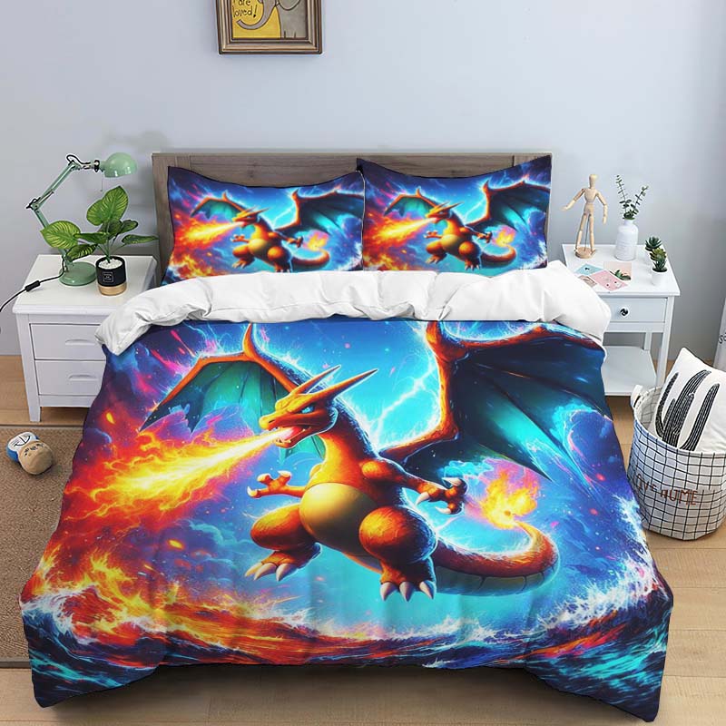 Cute Cartoon Charizard-Themed Bedding Set, featuring a soft duvet cover and pillowcases—perfect for teenagers, children, and mor