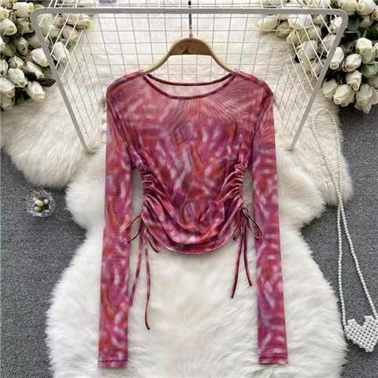Stylish Summer Tie-Dye Mesh Long-Sleeve T-Shirt with Drawstring