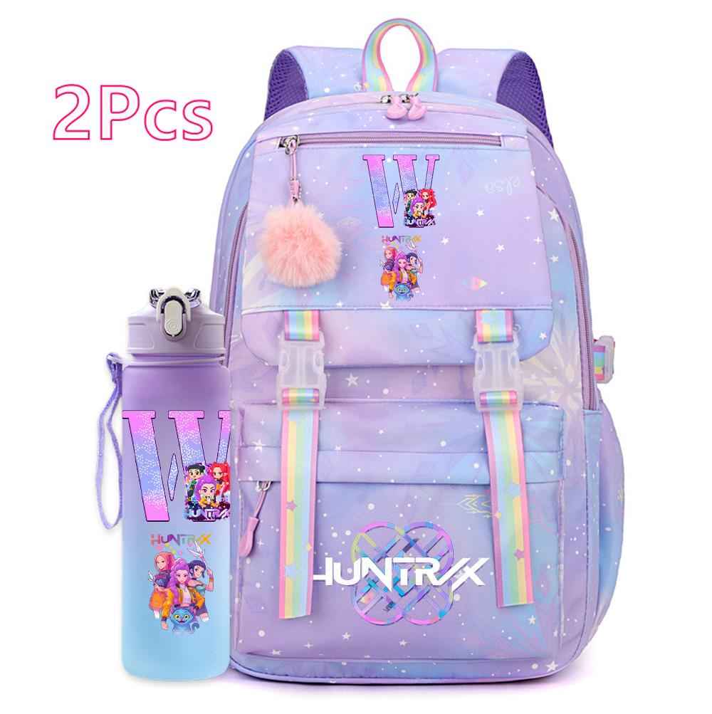 2ks/sada Ainme K-Pop Lovci démonov Ruksak s potlačou anglických písmen s 750 ml fľašou na vodu pre dospievajúce dievča chlapca Školská taška Darček