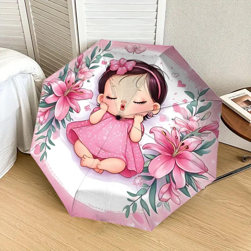 Pink Lily Flower Girl Automatic Opening/Closing Umbrella - Portable 3-Fold Design with Iron Frame - Gift for Fans, Travelers, Daily Use11210