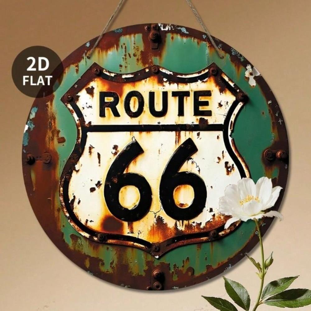 Vintage Round Metal Sign Route 66 Retro Green White Wall Decor