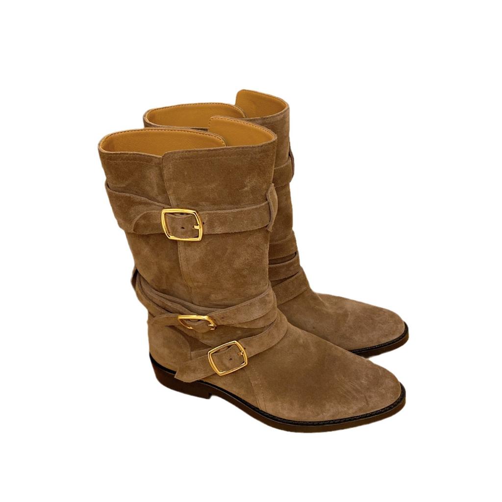 Cowhide Version~ Retro Maillard Western Cowboy Boots Belt Buckle Suede Knight Short Boots Thick Heel Thin Medium Boots