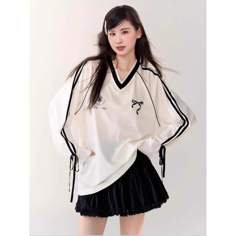 Bow Tie Women Long Sleeved T-shirts V-neck Loose Long Sleeved Pullover Tee Korean Style Autumn New Fashion Women's Top