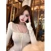 Threaded Pure Desire Lace Patchwork Sexy Apricot Long Sleeve Women's Slimming Winter Top