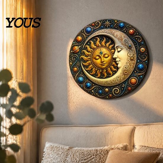 Modern Boho Wall Ornament Sun And Moon Art, 8Inch Round Metal Sign, Vintage Hanging Decoration for Home Living Room Bedroom Entrance Decor Retro Art