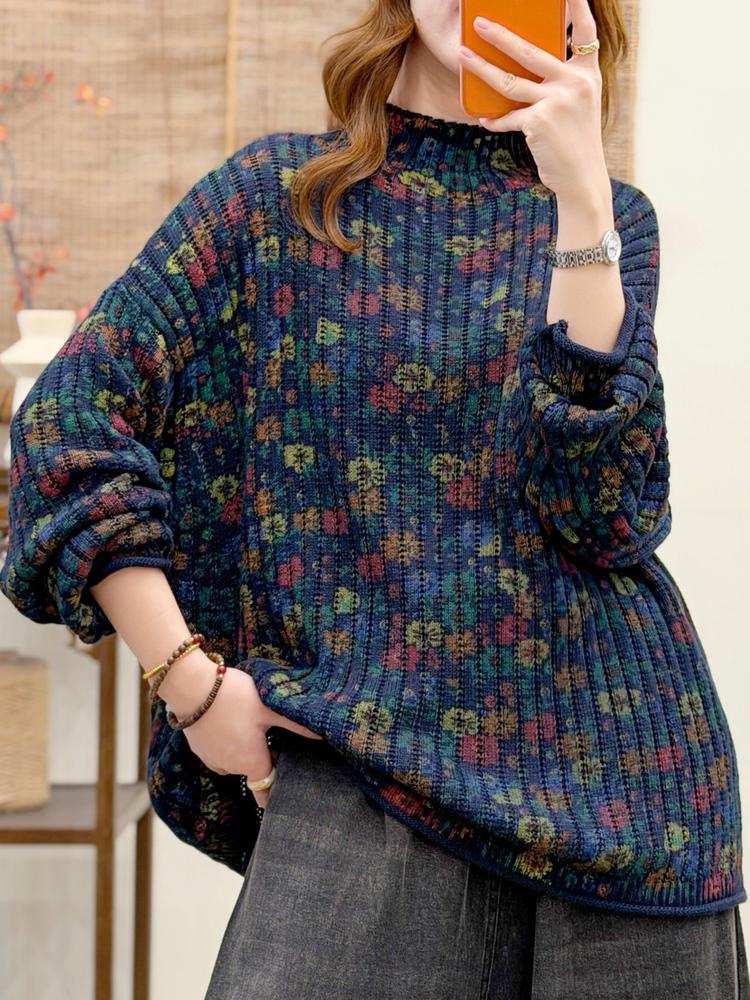 Women's Plus Size Floral High Neck Sweater - Autumn/Winter 2025 Relaxed Fit