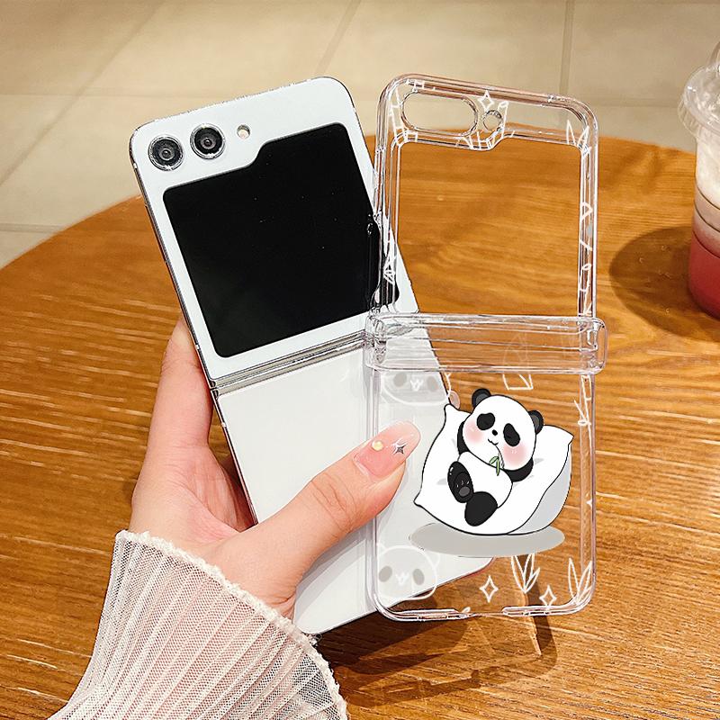 For Samsung Galaxy Z Flip6 Flip5 Flip4 Flip3 Shockproof Cartoon Panda Patterned 3PCS Foldable Hard Pc Clear Case Cover