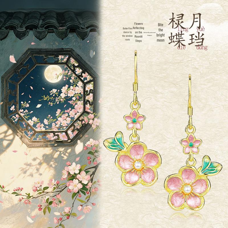 925 Sterling Silver Chinese Palace Style Enamel Resin Flower Drop Earrings for Women - Light Luxury Qipao Studs