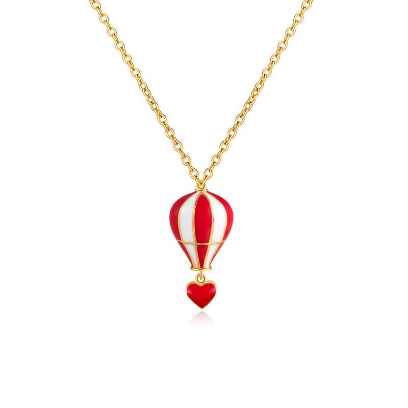 S925 Sterling Silver Gold Plated Red Heart Clavicle Chain Hot Air Balloon Necklace - Japanese & Korean Design for Women