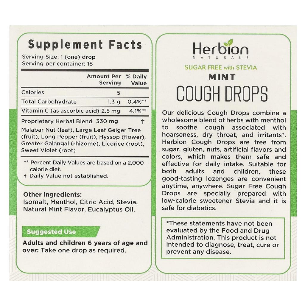 Cough Relief Drops, Sugar Free, Mint, 18 Count