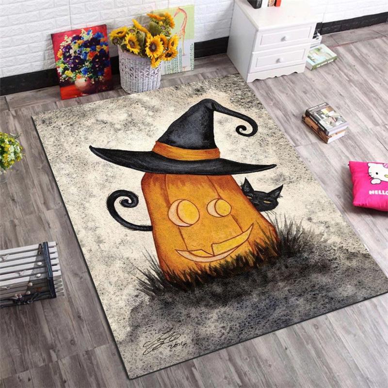 Vintage Halloween Pumpkin Witch Hat Black Cat Art Area Rug Non‑Slip Floor Mat Carpet for Living Room Bedroom Home Decor
