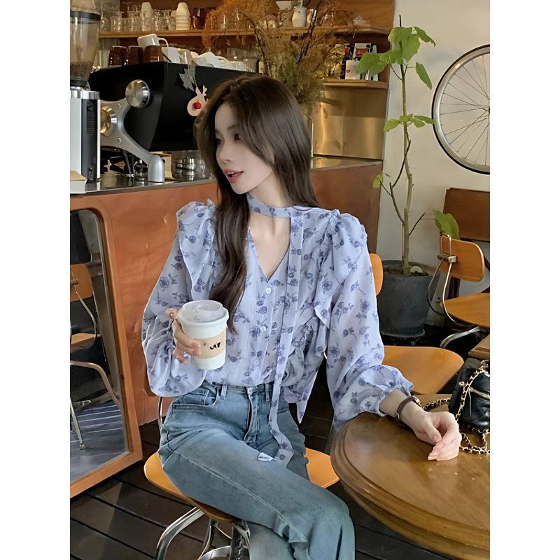Kumikumi French Style Retro Print V-neck Long Sleeve Shirt Female Autumn Temperament Wild Loose Ruffle Top