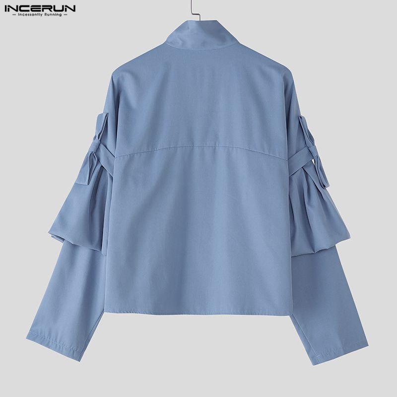 INCERUN Oversized Men Stand Neck Bow Knot Long Sleeve Casual Loose Shirts Tops