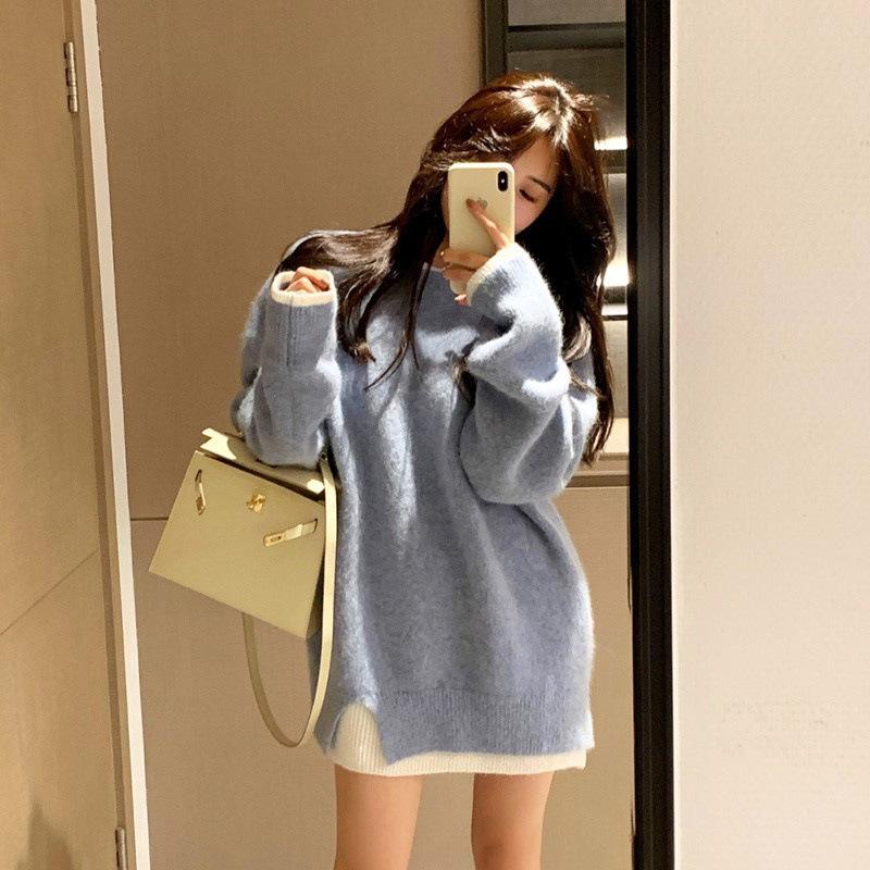 Fake two-piece pullover sweater for women's autumn and winter new loose soft waxy casual color matching knitted sweater for women