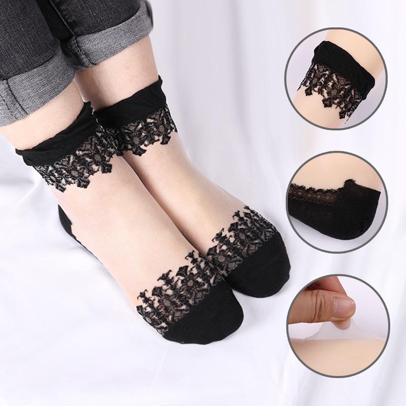 3/5 Pairs New Product Crystal Silk Tide Socks Women Breathable Sexy Black Lace Girls Nylon Casual High Quality Sox New Year Gift