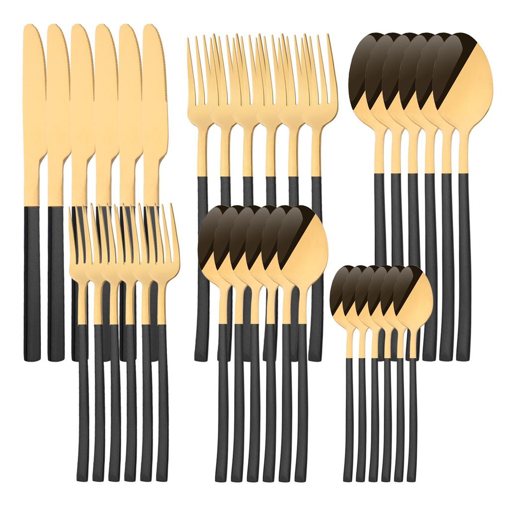 36Pcs/6Sets Mint Gold Cutlery Set Mirror Stainless Steel Flatware Knife Dessert Fork Tea Spoon Dinnerware Kitchen Restaurant Tableware