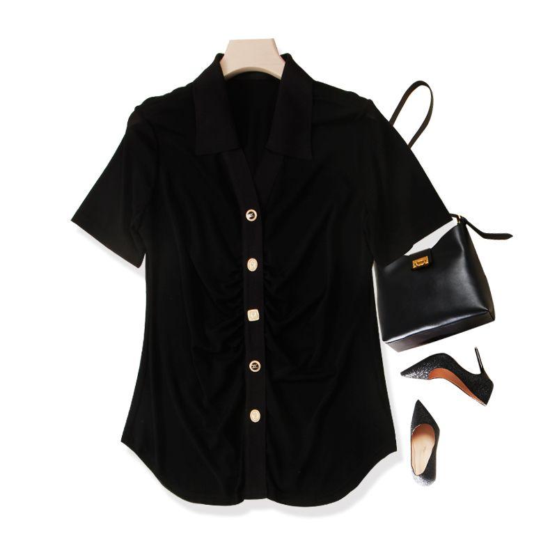 

Issue Deduction Orders! A Small Amount of Quick Entry ~ Female Viscose Gauze Cut Out Ruched Craft Peter Pan Collar Black T-shirt Summer Slim Looking Black L