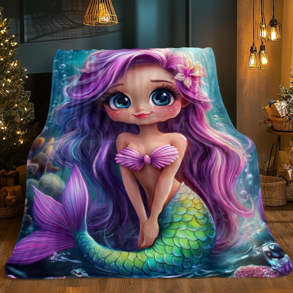 1pc Purple hair mermaid underwater fantasy flannel blanket soft plush blanket for girls cartoon sea creature bedding