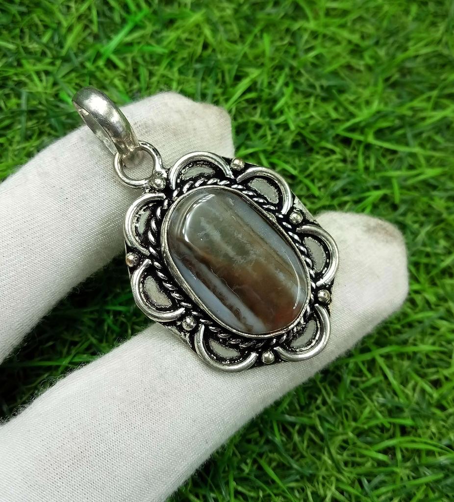 Banded Agate Gemstone 925 Sterling Silver Plated Pendant DEP-28