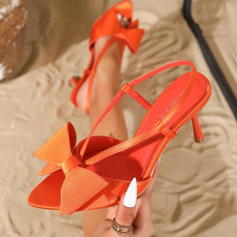 Fashion Butterfly-knot Decoration High Heeled Sandals Women Summer Sexy Open Toe Back Strap Slide Sandals Elegant Wedding Bridal Shoes
