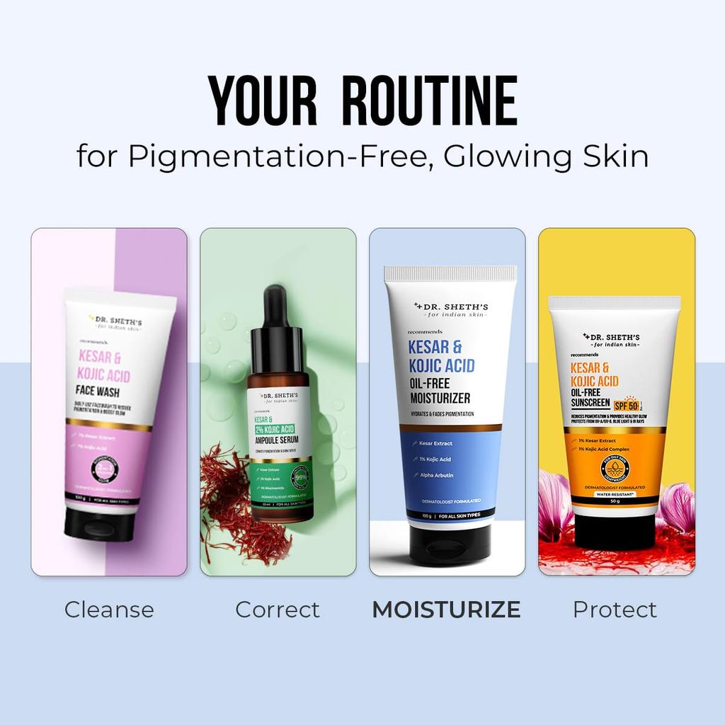 Dr. Sheth's Kesar & Kojic Acid Oil-Free Moisturizer 100 g Pack | Lightweight Gel Cream for Pigmentation & Glowing Skin