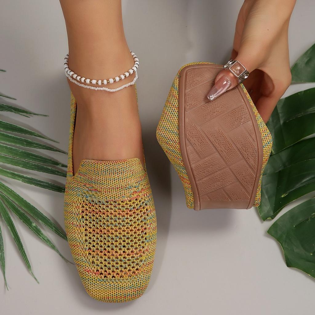 New Small Square Head Flat Bottom Knitted Casual Single Shoes Women's Large Size Shallow Mouth Fly Knitting Lazy Shoes One Pedal