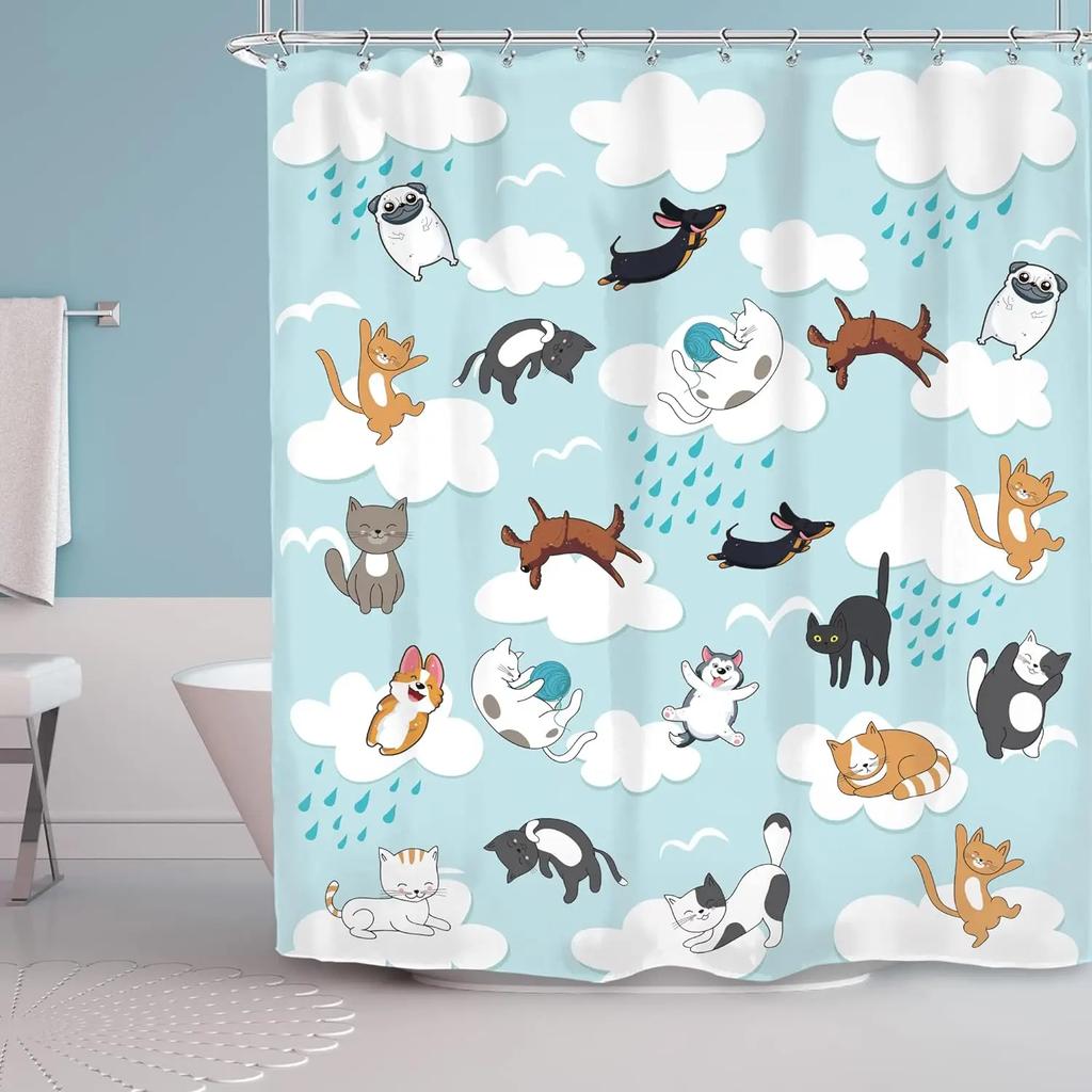 Cartoon Shower Curtain Pet Cat Dog Cute Rainbow Animal Cute Kid Boy Girl Skateboard Home Polyester Fabric Bathroom Decor Curtain