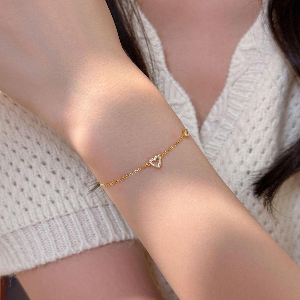 18K Gold Plated S925 Sterling Silver Heart Bubble Bracelet - Elegant Heart-Shaped Design for Women