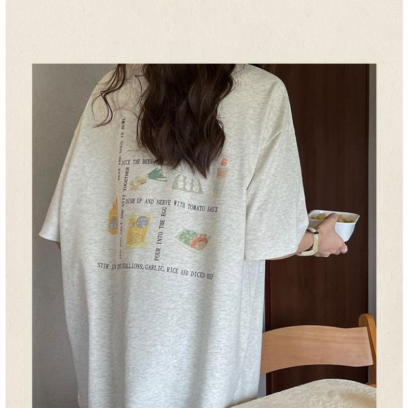 Camiseta Feminina de Algodão de Comprimento Médio com Gola Redonda, Estampa de Letras e Mangas Curtas, Tops Soltos de Nicho para o Verão