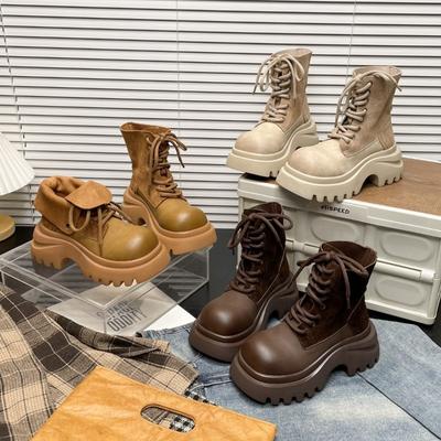 Platform Women's Autumn and Winter New Small Heightened Non-Slip Short Cylinder Boots Frosted Motorcycle Boots