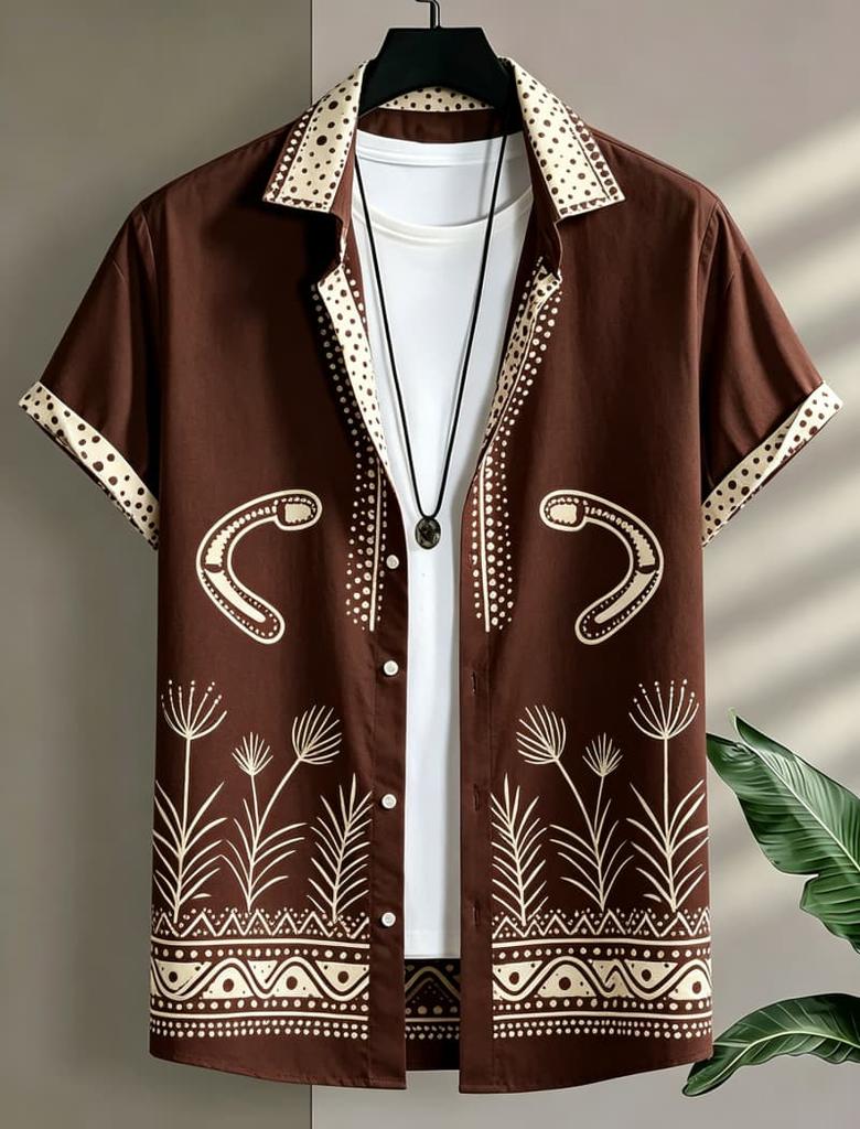 Men's Ethnic Tribal Printed Short Sleeved Shirt, Suitable For Summer Wear, Casual Activities, And Versatile Bohemian Style
