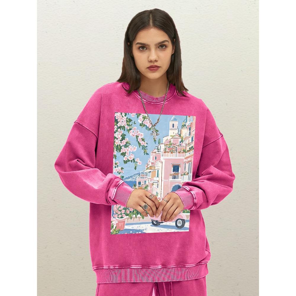

Розовый Цветок Приморский Город Пейзаж Принт Выстиранный Свитшот Женский Свободный Пуловер С Круглым Вырезом Хлопок Уличная Одежда Осенняя Одежда S