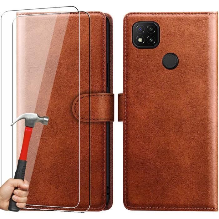 Coque pour Xiaomi Redmi 9C/10A - Synthétique Antichoc - Marron - 2 Verres Trempés