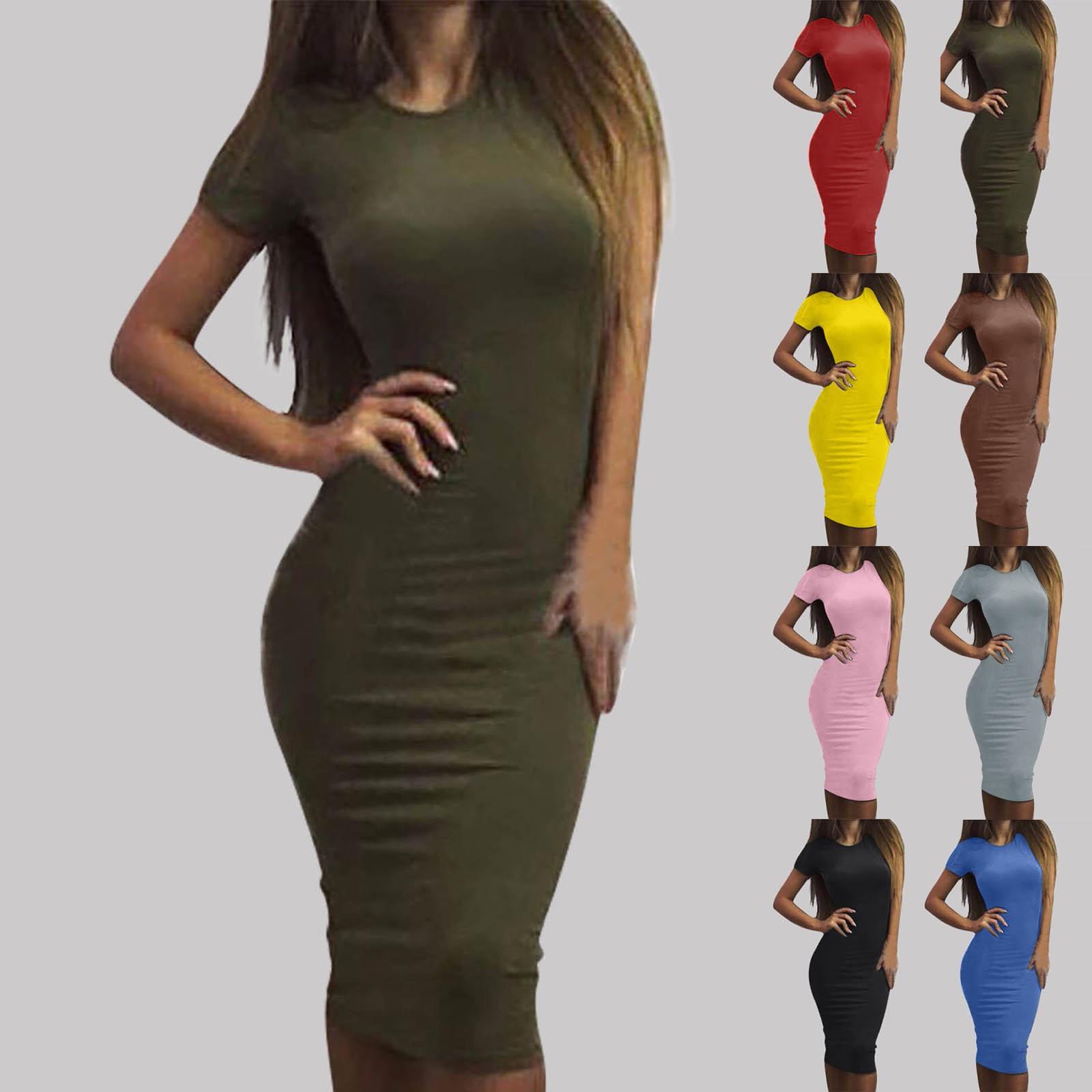 

Женская мода повседневное однотонное сексуальное тонкое платье средней длины с короткими рукавами