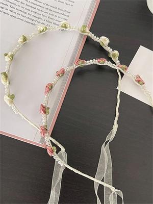 1 Ladies Spring/summer New Pearl Streamer Flower Satin Fairy Spirit with Sweet Headband All Go Out Hair Accessories
