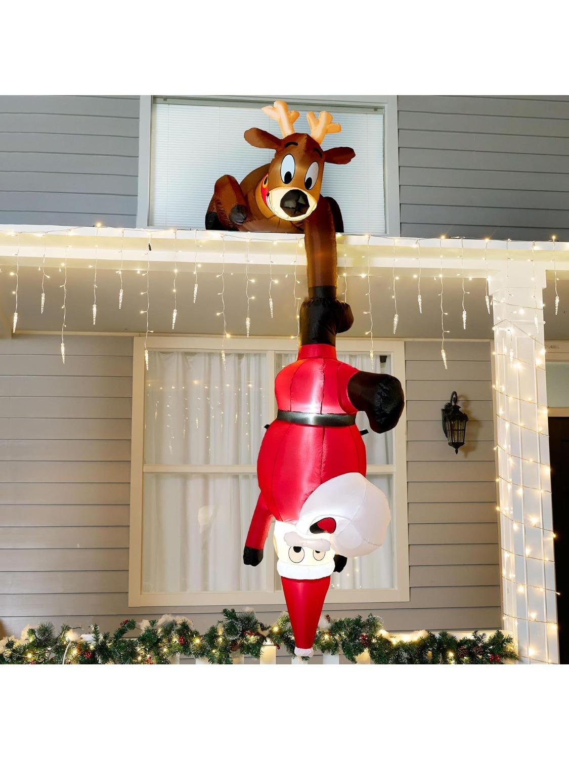

JOYFY 8 FT Hanging Christmas Inflatables Decoration Christmas Reindeer and Climbing Santa with Build-in LED for Xmas Party