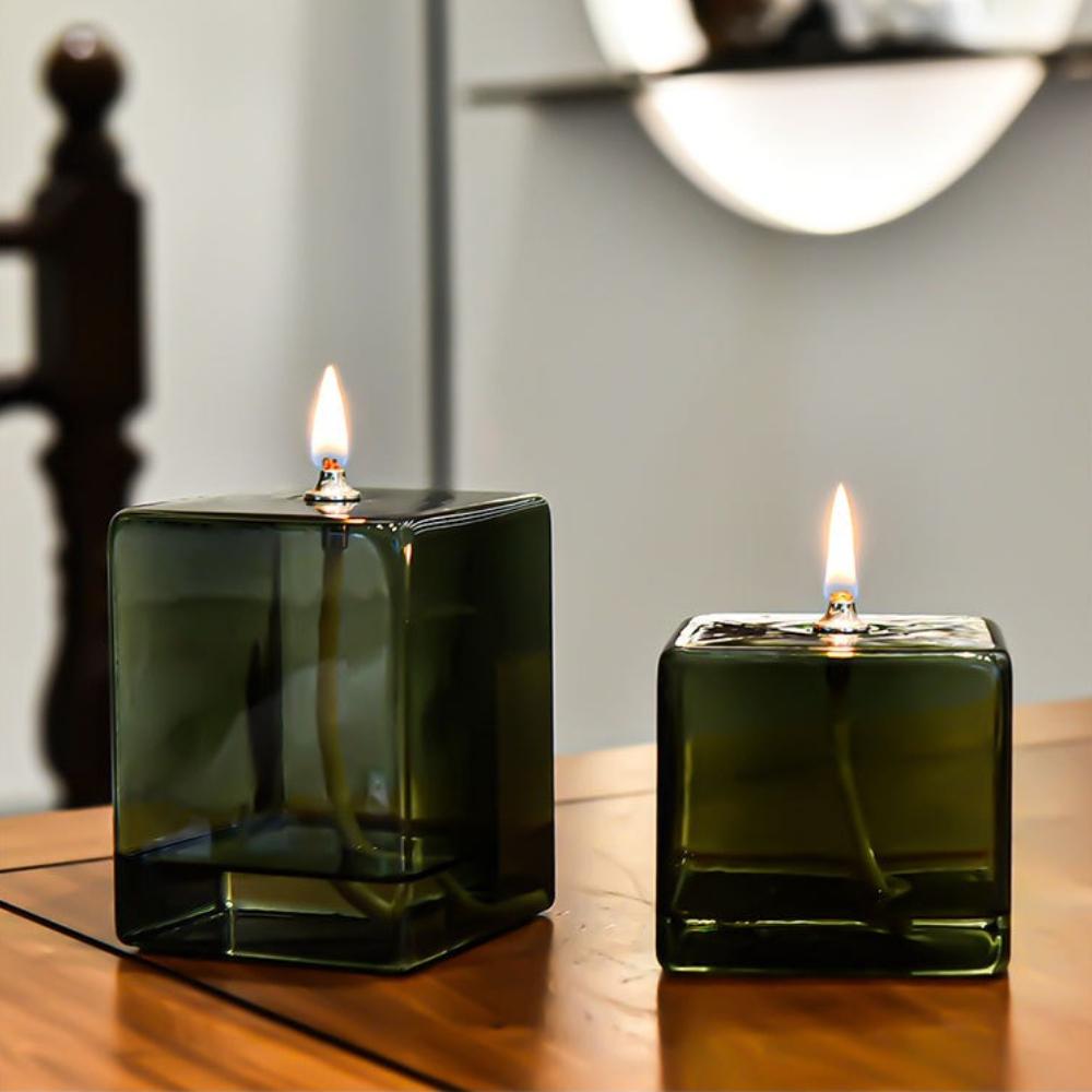 Creative Colored Square Glass Oil Lamp Desktop Smokeless Pastry Oil Lamp European Modern Home Tables Centerpieces Decoration